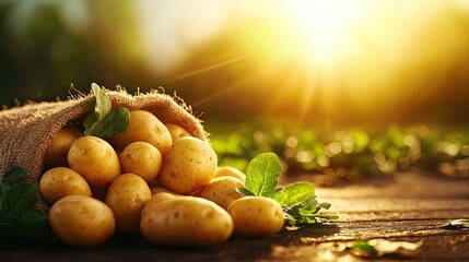 Freshly harvested potatoes in a burlap sack, natural light background.