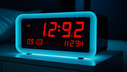 digital clock showing midnight red display modern alarm clock marking time emphasizing sleep routines daily life