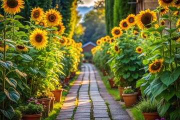 Obraz premium Brick path through sunflower field in warm sunshine