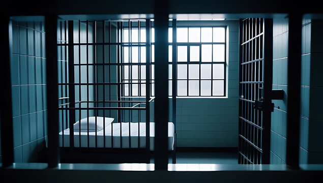 empty jail cell iron bars bed window secure isolated prison environment symbolizing law enforcement justice freedom
