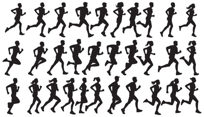 Running men and women, vector set of isolated  silhouettes vector illustration black and white art