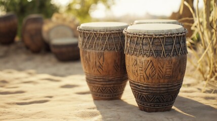Multiple African drums with hand-carved designs, placed on a sandy ground with natural sunlight