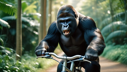gorilla riding bicycle outdoors fun animal adventure enjoying freedom bike