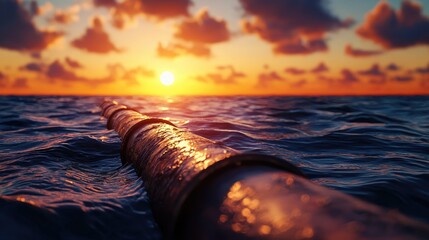 Scenic sunset over water with a pipe extending into the horizon.