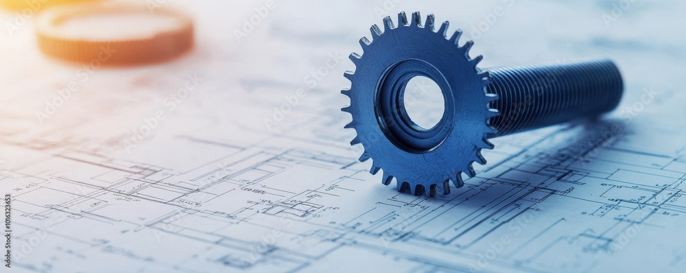 Poster a close-up of a mechanical gear and bolt resting on blueprint plans, showcasing precision engineerin