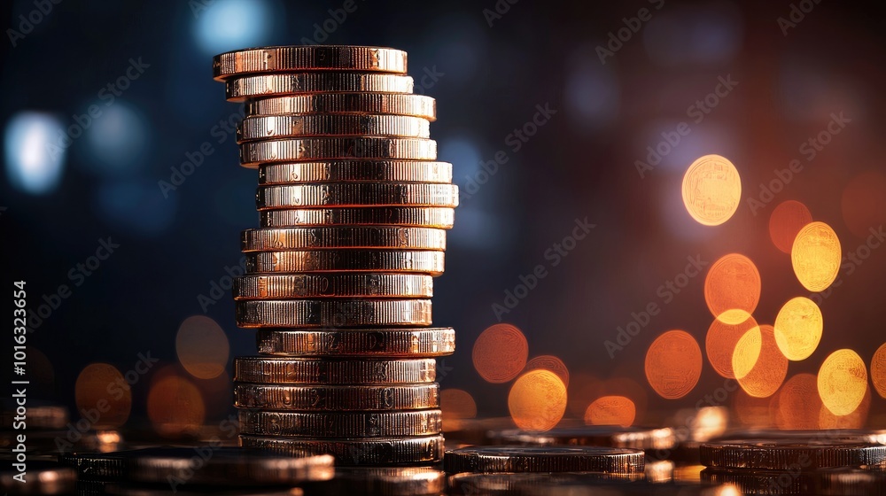 Poster stack of coins on blurred background with warm bokeh lights.