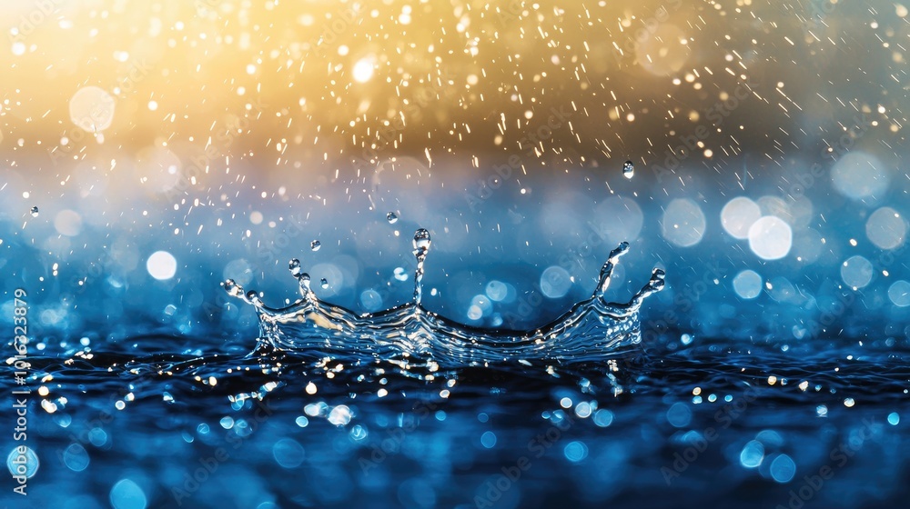 Poster Water droplets creating ripples on surface with bokeh background.