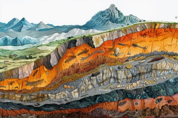 A cross section of the Earth's crust revealing distinct rock layers and fossils.