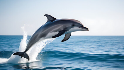 Fototapeta premium jumping dolphin isolated white playful sea creature leaping water showcasing lively marine nature