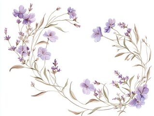 Fototapeta premium 2408 16.A delicate set of lavender calligraphic design elements, featuring wildflowers and flowing branches. The floral elements are arranged into graceful frames, perfect for creating a romantic and