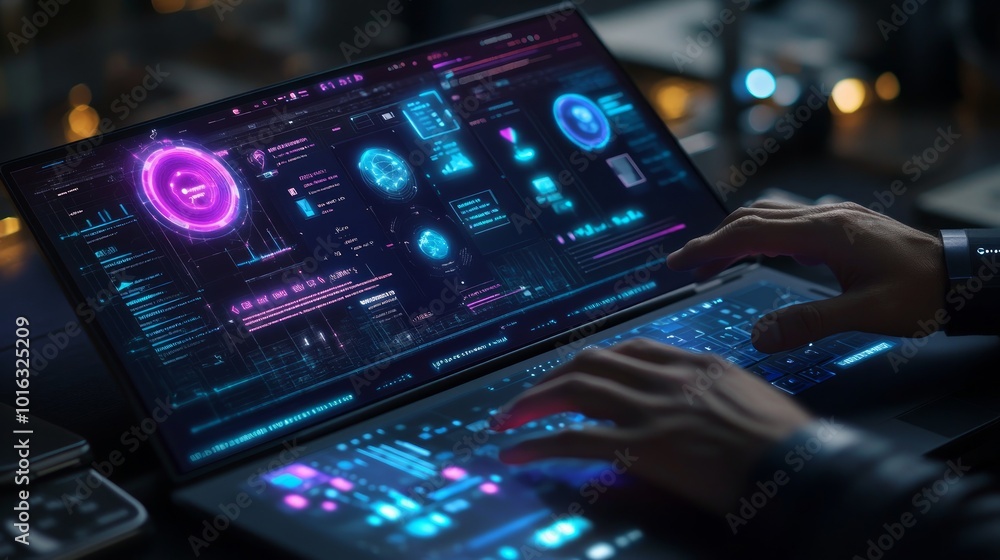 Poster close-up of hands typing on a laptop with a futuristic holographic interface, showing a variety of c