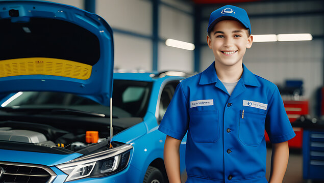 portrait cute car mechanic boy blue uniform wrench pocket smiling standing automotive repair workshop center