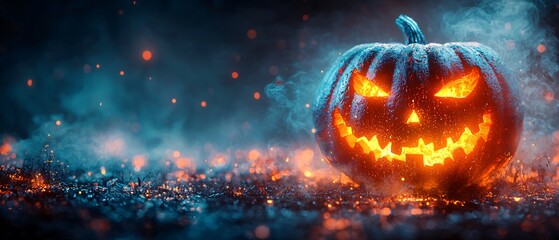 Fototapeta premium A haunting still life featuring a spooky jack-o-lantern in a foggy graveyard, ideal for Day of the Dead (Dia De Los Muertos) themed designs or Halloween celebrations.