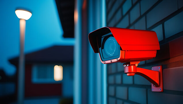 red cctv camera mounted house wall capturing night surveillance ensuring security crime prevention