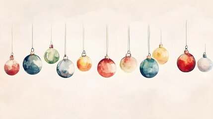 A simple watercolor illustration of Christmas ornaments gently hanging on thin lines, set against a soft beige background with muted tones, creating an elegant and minimalist holiday scene. 