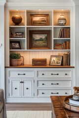Built In Cabinet in Home Living Room Interior Design with Shelves, Drawers, and Doors
