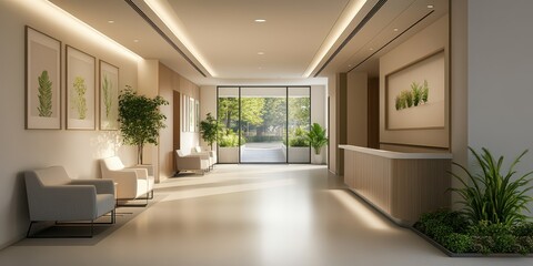 Modern and serene interior hallway featuring natural light, greenery, and elegant art pieces, perfect for contemporary design.