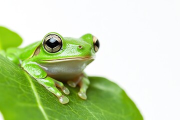 Obraz premium A vibrant green tree frog with bright eyes peeking from a leaf on white background