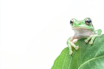 Obraz premium Green frog enjoying its time peeking from behind a leaf on white background