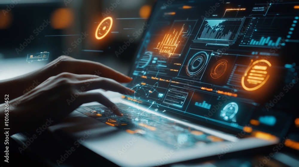 Poster close-up of hands typing on a laptop with glowing futuristic interface on screen.