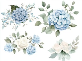 2408 37.A set of hand-painted floral frames featuring dusty blue hydrangeas, pale roses, and flowing eucalyptus leaves. The elegant watercolor elements are arranged on a crisp white background,