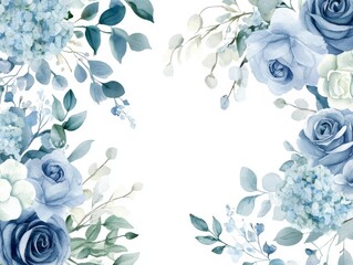 2408 38.A romantic collection of dusty blue flowers and eucalyptus branches, rendered in soft watercolor and framed in elegant vector borders. The design highlights hand-painted roses and hydrangeas,