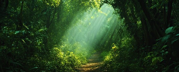 Obraz premium A peaceful forest path beckons exploration through the lush greenery and sunlight