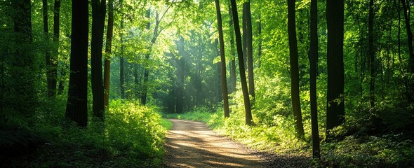 Obraz premium Sunlight filters through tall trees illuminating a tranquil forest path into nature's