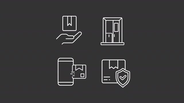 D2D delivery animation library. Online distribution animated white line icons. Package insurance, logistics. Isolated illustrations on dark background. Transition alpha. HD video. Icon pack