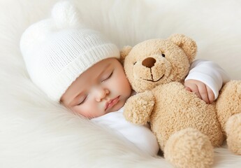 A calm newborn baby napping peacefully with a teddy bear companion