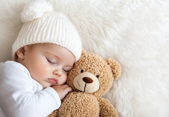 Newborn baby peacefully sleeps beside their soft and cuddly teddy bear