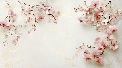 Delicate watercolor orchids with soft pink petals and minimal leaves, scattered elegantly on a light beige background, creating a gentle and serene composition 