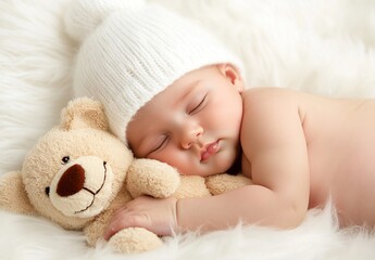 Newborn baby peacefully sleeps beside their soft and cuddly teddy bear