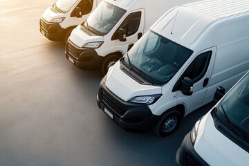 White delivery vans are neatly lined up in a parking area together