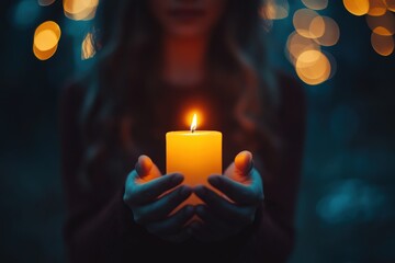 Candle Outdoors. Woman with Burning Candle in Bokeh Background at Night