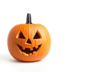 Halloween pumpkin with a carved jackolantern face displayed on a white background