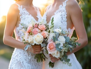 2408 47.A romantic moment between two brides during their wedding, standing close with their hands entwined. Both wear stunning white dresses with intricate lace details, and the soft bouquet of