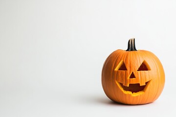 A carved pumpkin with a jackolantern face sits isolated on a white background