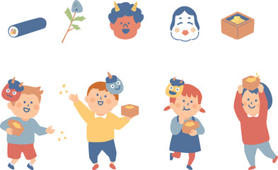 豆まきする子供たちと節分のモチーフのイラスト