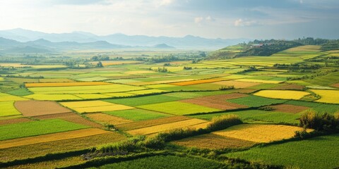 Fototapeta premium Scenic view of green and golden fields under a dramatic sky, showcasing the beauty of nature's agricultural landscape.