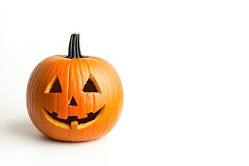 Halloween pumpkin with a carved jackolantern face displayed on a white background