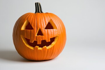 Halloween pumpkin with a carved jackolantern face displayed on a white background