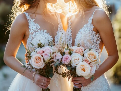 2408 47.A romantic moment between two brides during their wedding, standing close with their hands entwined. Both wear stunning white dresses with intricate lace details, and the soft bouquet of