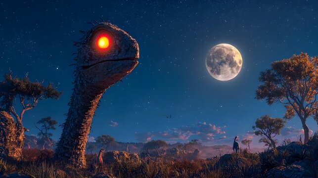 Troodon a Fearsome Prehistoric Predator Stalking its Prey Under the Eerie Light of a Full Moon in the Shadowy Underbrush of a Primeval Landscape