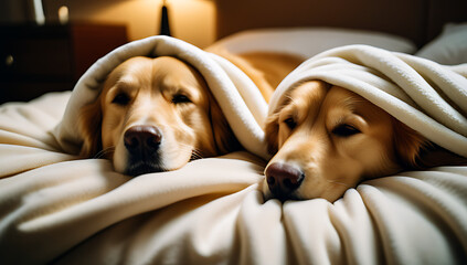 two dogs sleeping blanket bed indoor relaxation golden retrievers resting together