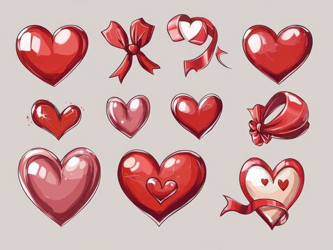 2408 71.A whimsical collection of red hearts in various forms, including intertwined hearts, hearts with ribbons, and broken hearts. Each heart is rendered in a unique style, ranging from