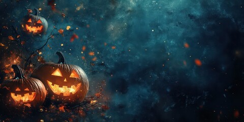Naklejka premium Spooky Halloween pumpkins glowing in the night, surrounded by dark mist and colorful autumn leaves, perfect for seasonal decoration.