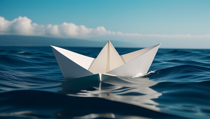 Obraz premium white paper boat floating ocean representing adventure hope resilience sails waves