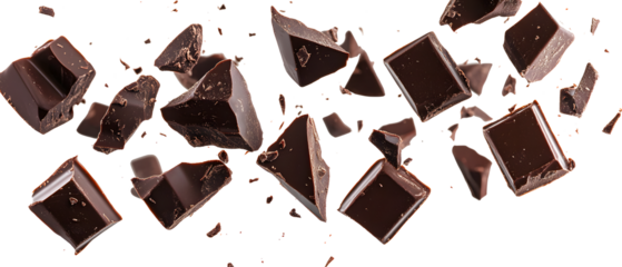 Pieces of dark chocolate falling close up on a white background, generative ai