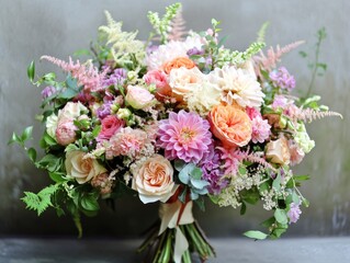 2408 90.A stunning wedding bouquet composed of a variety of blooms, including pastel-colored roses, dahlias, and sprigs of wild greenery. The bouquet is tied with a silk ribbon, its lush flowers